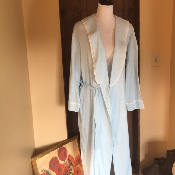 VTG02 EILEEN WEST size Small Cotton Robe LaceTrim Eyelet Stripe Shawl Collar NEW - Picture 3 of 16